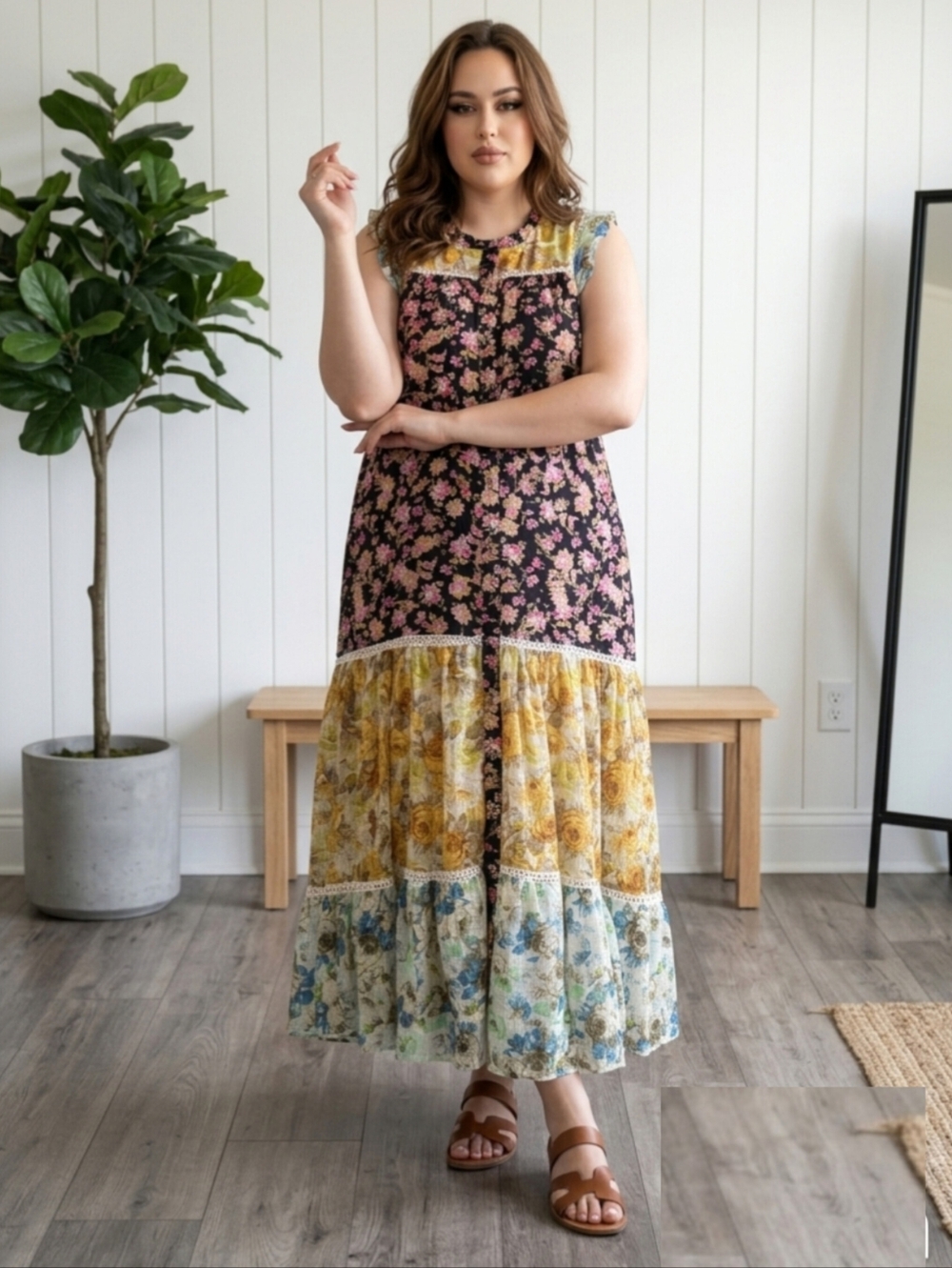 Anthropologie Floral Tiered Maxi Dress in Black, Pink, Yellow, Blue